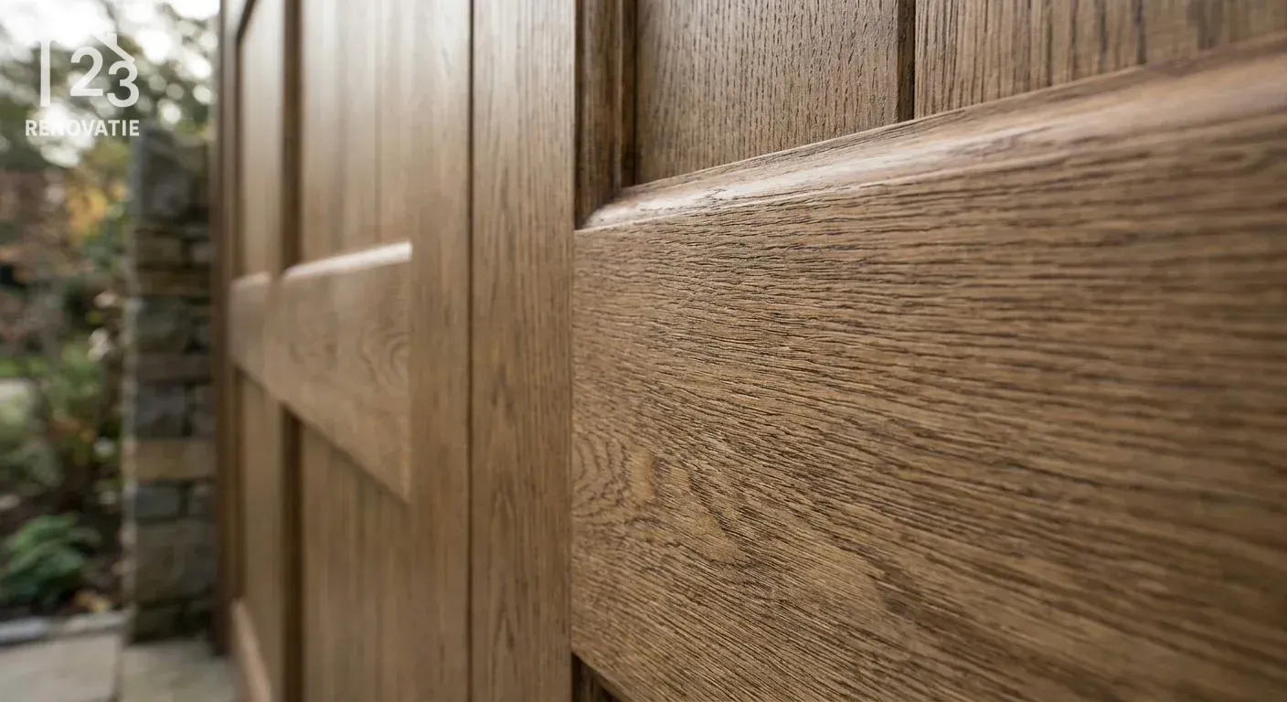 close-up detail shot, sharp focus van de houtnerf en afwerking die de houten poort prijs beïnvloedt, professional appearance