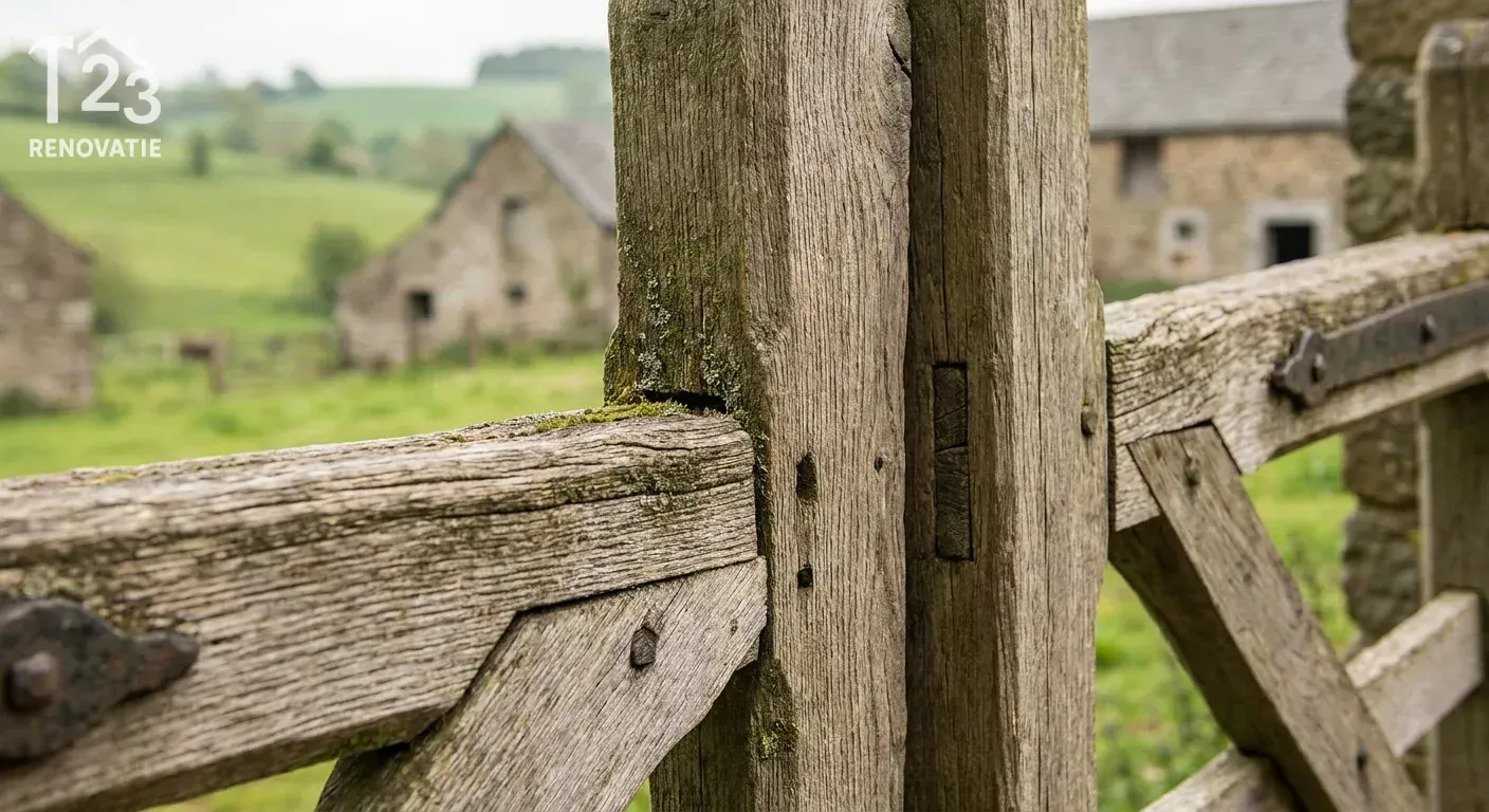 close-up detail shot, sharp focus van de houtnerf en stevige verbindingen van houten poorten Limburg, tonend de superieure afwerking van lokale makelij