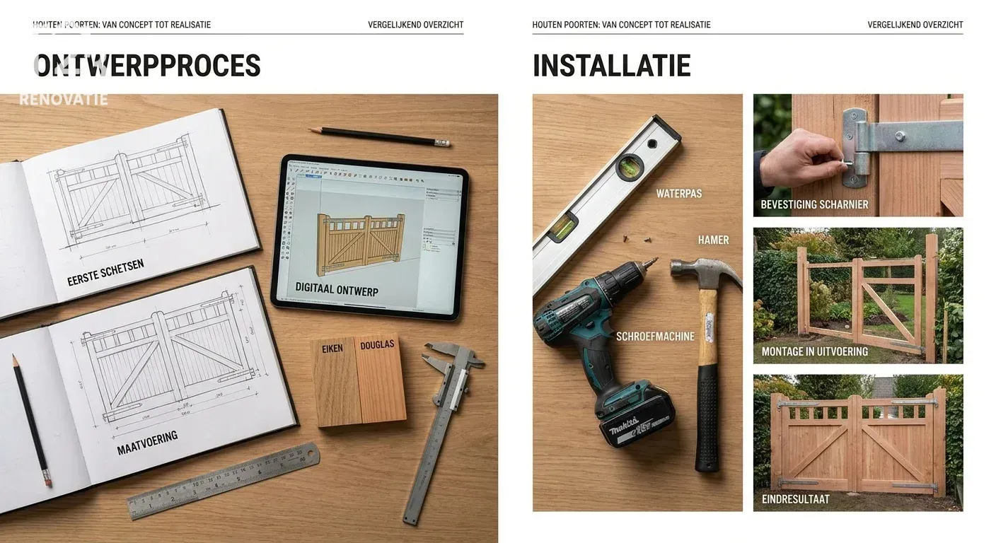 comparative view, side-by-side layout van het ontwerpproces en de installatie van houten poorten, professional appearance