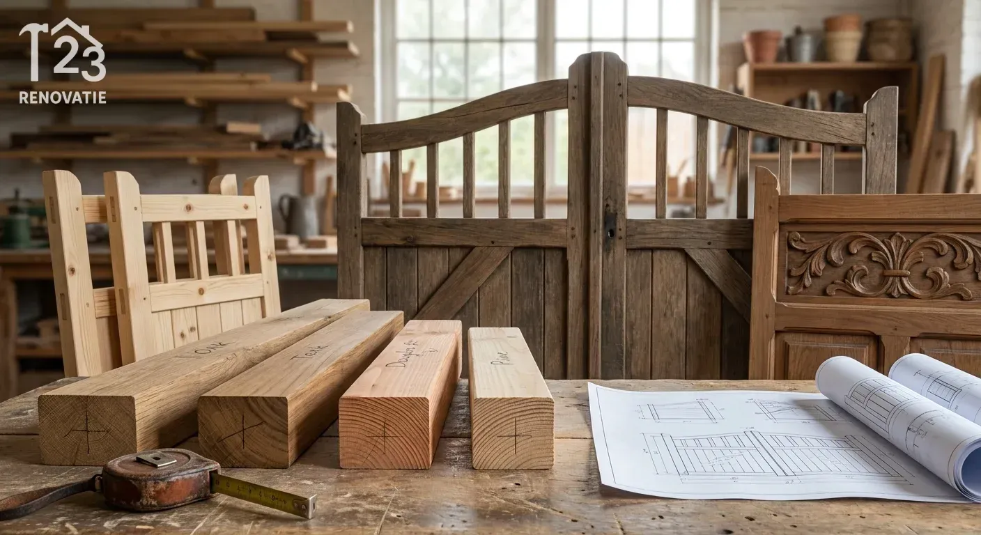 diagram or infographic style, clear and informative of houten poort prijs at verschillende houtsoorten en hun invloed op de kosten, professional appearance