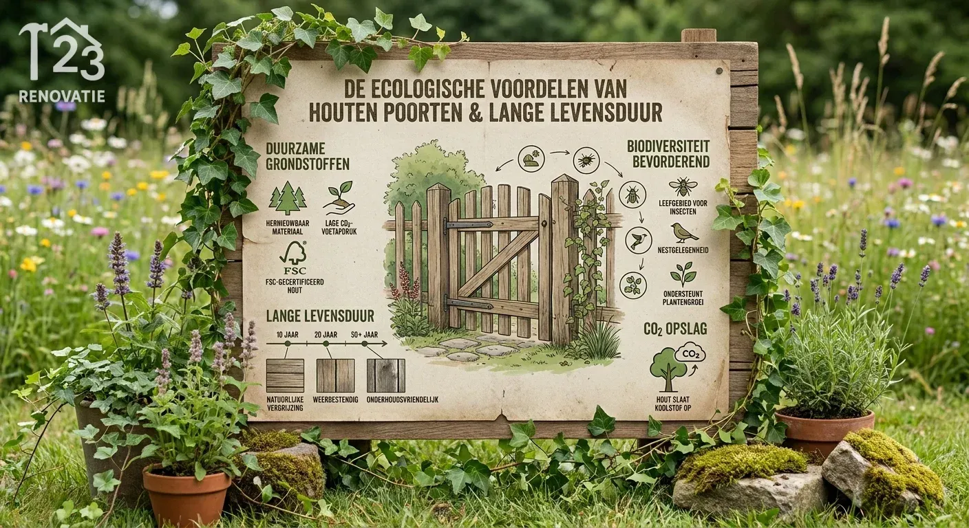 Een overzichtelijke infographic die de verschillende ecologische voordelen en de lange levensduur van houten poorten weergeeft in een natuurlijke tuinsetting