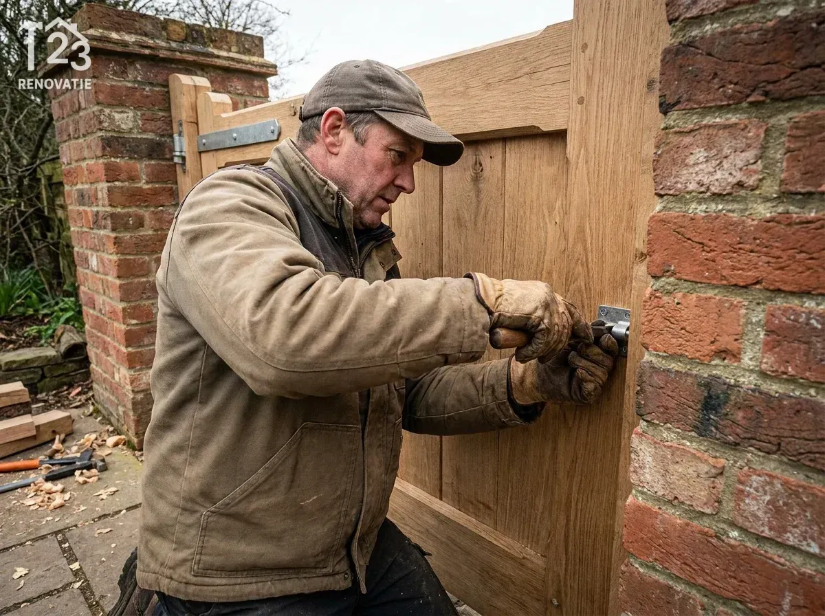 Een realistische actiefoto vanuit een dynamisch perspectief waarbij een vakman de laatste hand legt aan de installatie van een op maat gemaakte eikenhouten poort, waarbij de houten poort prijs en de perfecte pasvorm tussen de gemetselde kolommen duidelijk zichtbaar zijn, professionele uitstraling