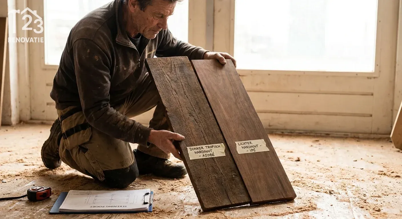 Een realistische actiefoto vanuit een dynamisch perspectief waarbij een vakman verschillende planken van tropisch hardhout vergelijkt voor de constructie van houten poorten, met een focus op de rijke texturen en nerven van het hout.