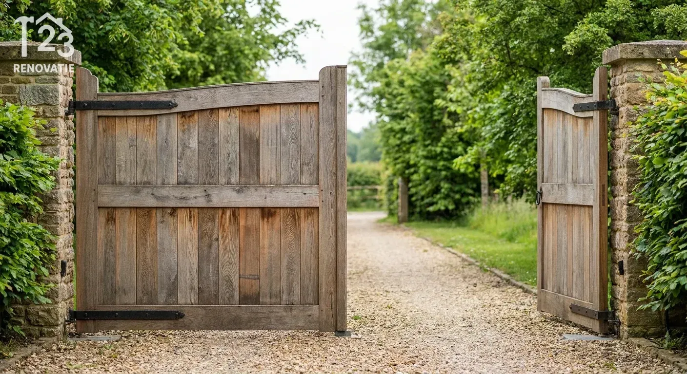 realistic action photo, dynamic perspective of houten poort oprit at populaire houtsoorten voor een duurzame opritpoort, professional appearance