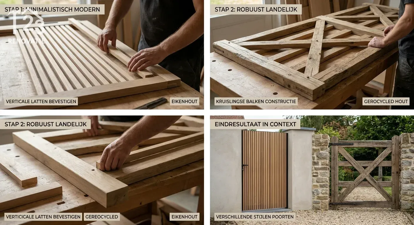 step-by-step illustration, process visualization of houten poorten in verschillende stijlen variërend van minimalistisch modern met verticale latten tot robuust landelijk met kruislingse balken, professional appearance