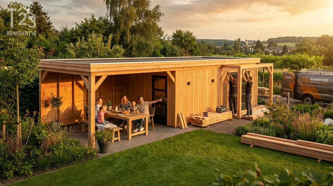 Houten tuinhuis met overkapping laten plaatsen in Limburg - tuinhuis laten plaatsen